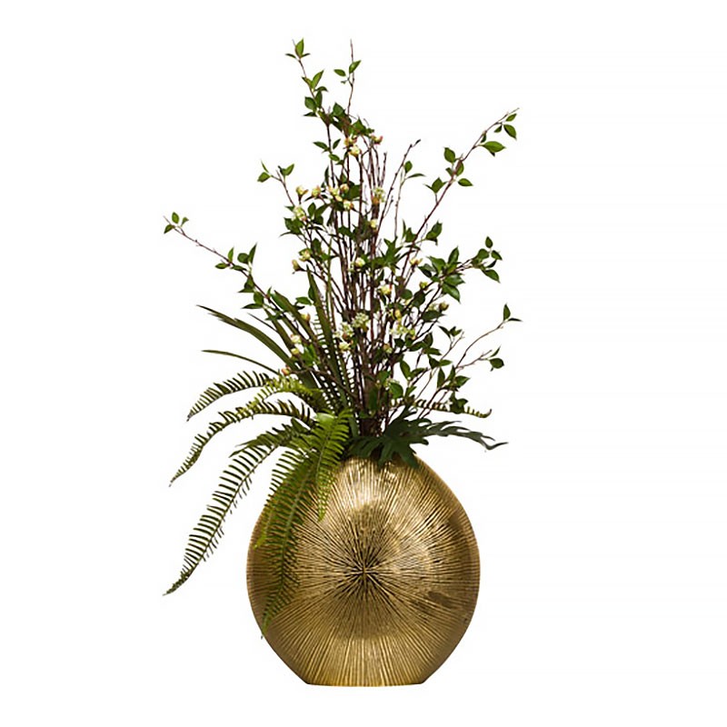  Букет цветов в золотистой вазе: ветви с почками, папоротник, Lux-Art Silks (Америка) 