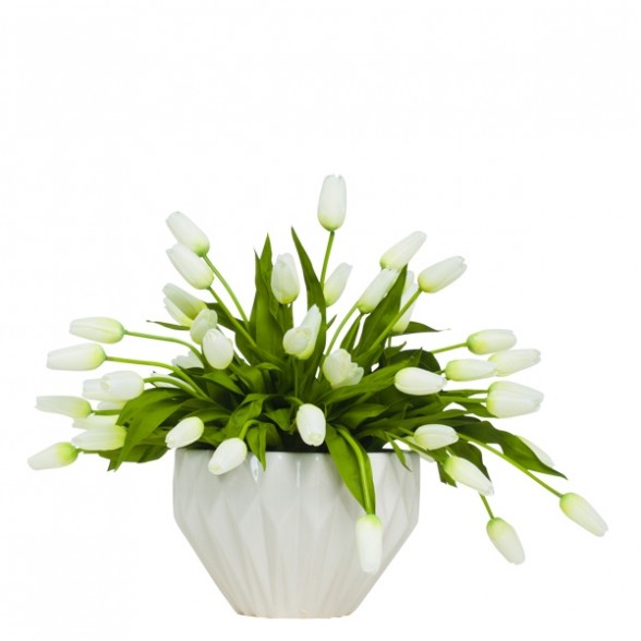 Белые тюльпаны в граненной в вазе, Lux Art Silks (Америка)