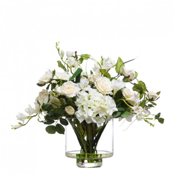 Белая гортензия и бежевые розы в вазе, Lux Art Silks (Америка)